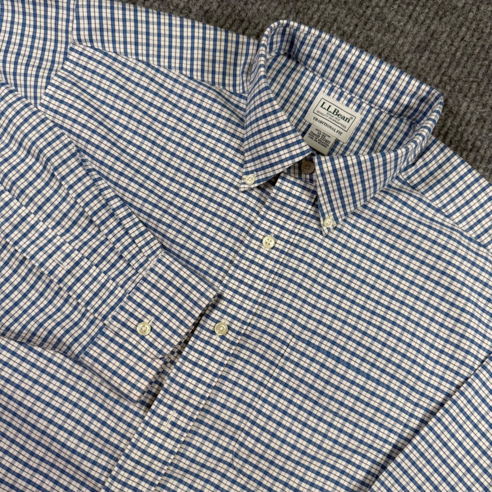 LL Bean Mens 17-35 Traditional Fit Cotton Button Down Shirt Blue Check 237807